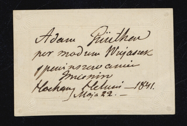 Rokiškio dvaro statytojo Ignoto Tyzenhauzo dukters Aleksandros Tyzenhauzaitės (1780–1843) vyro Adomo Giunterio (1782–1854) vizitinė kortelė