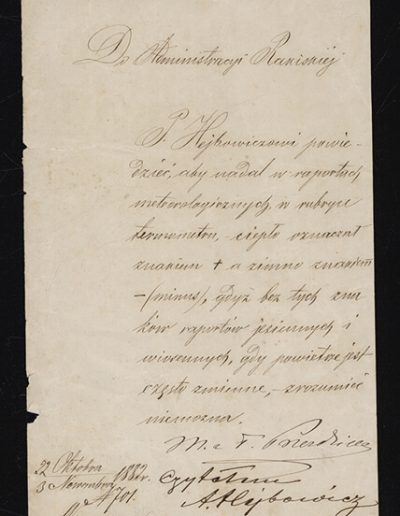 Laiškas, kuriame grafienė Marija Tyzenhauzaitė-Pšezdzieckienė (1823–1890) Rokiškio dvaro administracijai nurodo kaip žymėti meteorologinius duomenis
