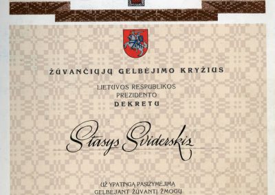 Žūvančiųjų gelbėjimo kryžiaus apdovanojimo raštas Stasiui Sviderskiui