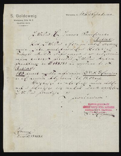 1910 m. lapkričio 10 d. S. Goldcweig parduotuvės Varšuvoje sąskaita, kurioje pranešama, kad išsiunčiami grafienės Hermancijos Sapiegaitės-Pšezdzieckienės užsakyti 108 gabalai muilo