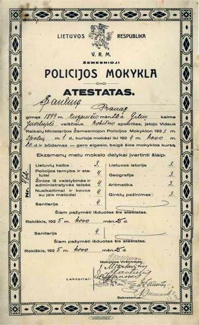 Žemesniosios policijos mokyklos Rokiškyje atestatas, išduotas 1925 m. kovo 25 d. Pranui Sauliui. RKM-46276